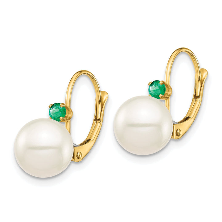 14K Yellow Gold Contemporary 8-8.5mm Pearl Emerald Leverbacks