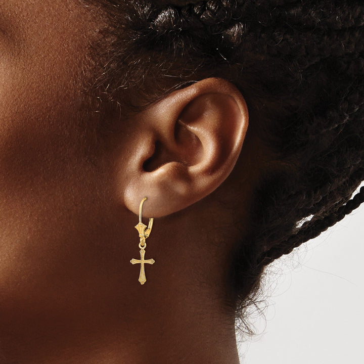 14K Yellow Gold Cross Dangle Leverback Earrings