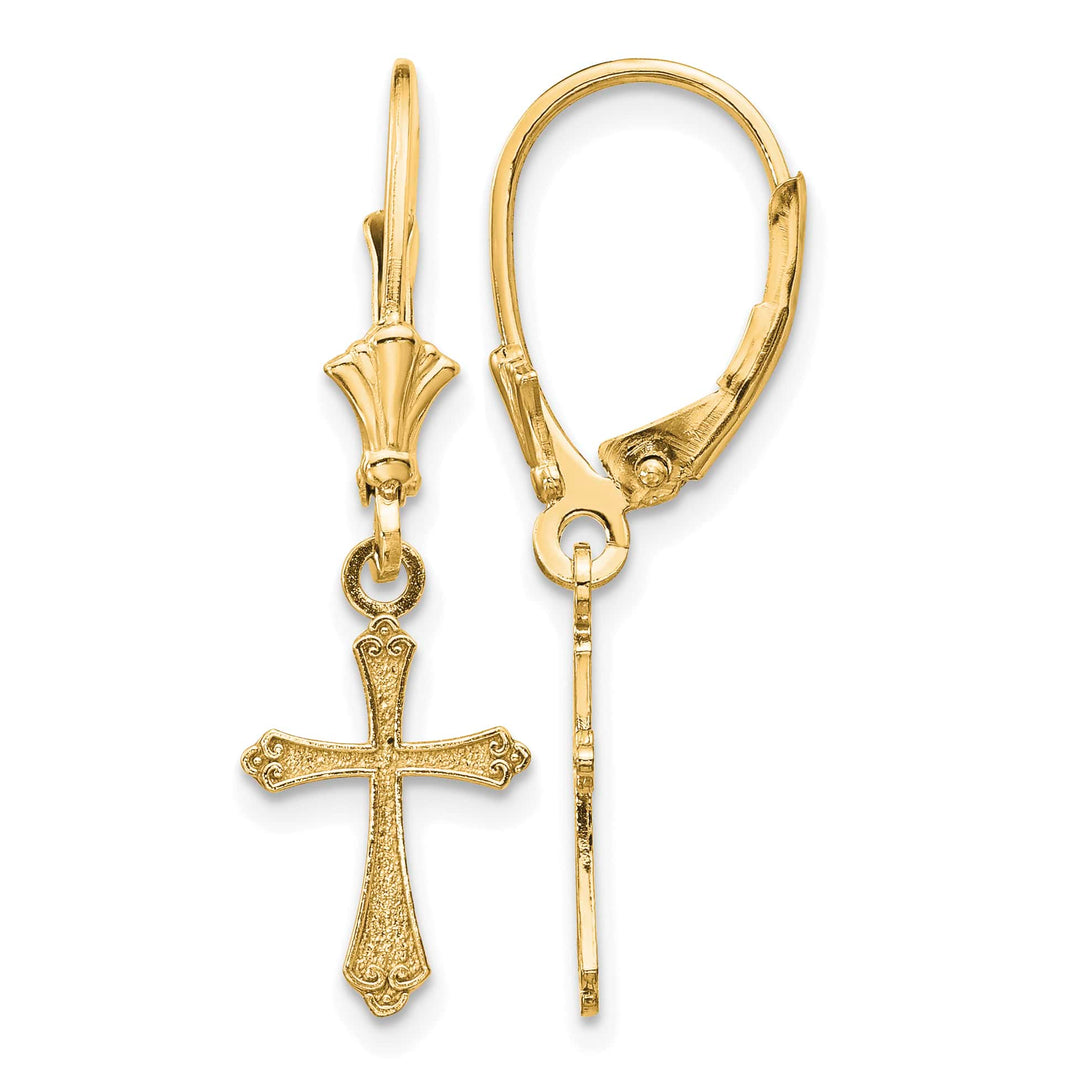 14K Yellow Gold Cross Dangle Leverback Earrings