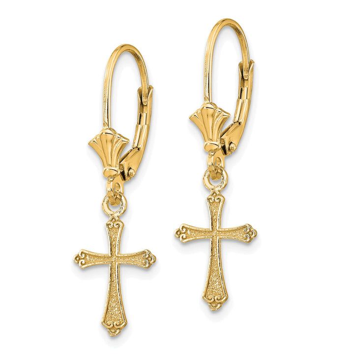 14K Yellow Gold Cross Dangle Leverback Earrings