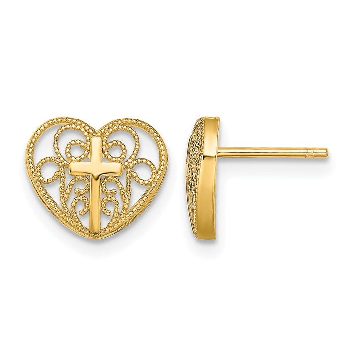 14K Yellow Gold Cross in Center Filigree Heart Post Earrings