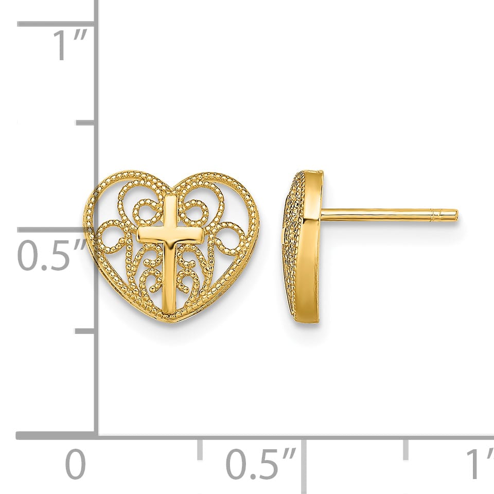 14K Yellow Gold Cross in Center Filigree Heart Post Earrings