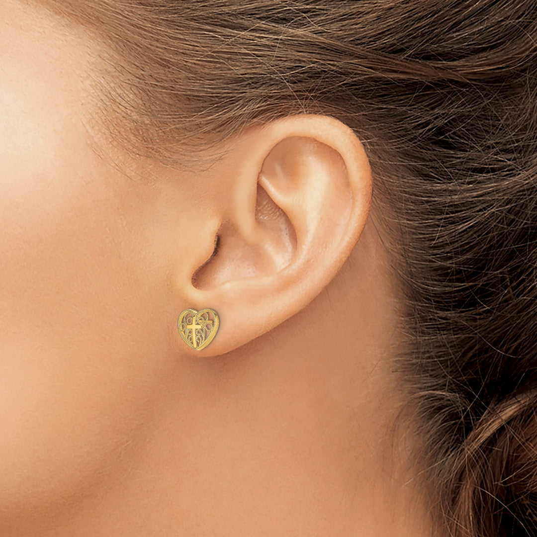 14K Yellow Gold Cross in Center Filigree Heart Post Earrings