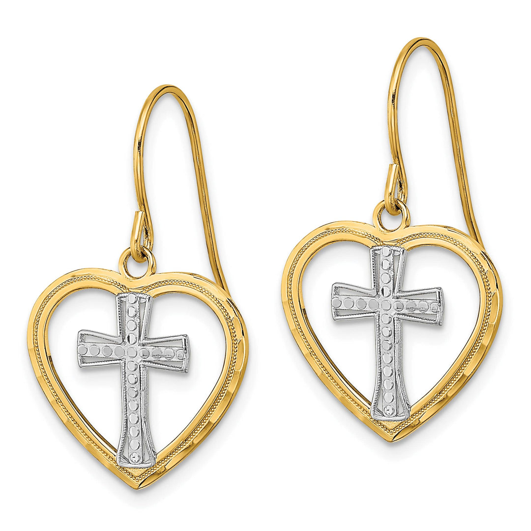 14K Yellow Gold Cross in Center Heart Dangle French Hook Earrings