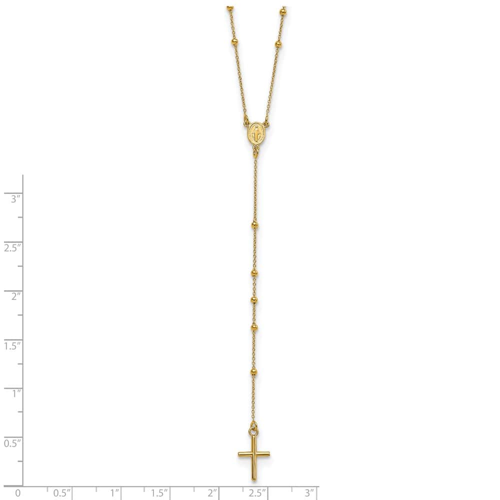 14K Yellow Gold Cross Miraculous Medal Beaded Rosary 24 inch Necklace