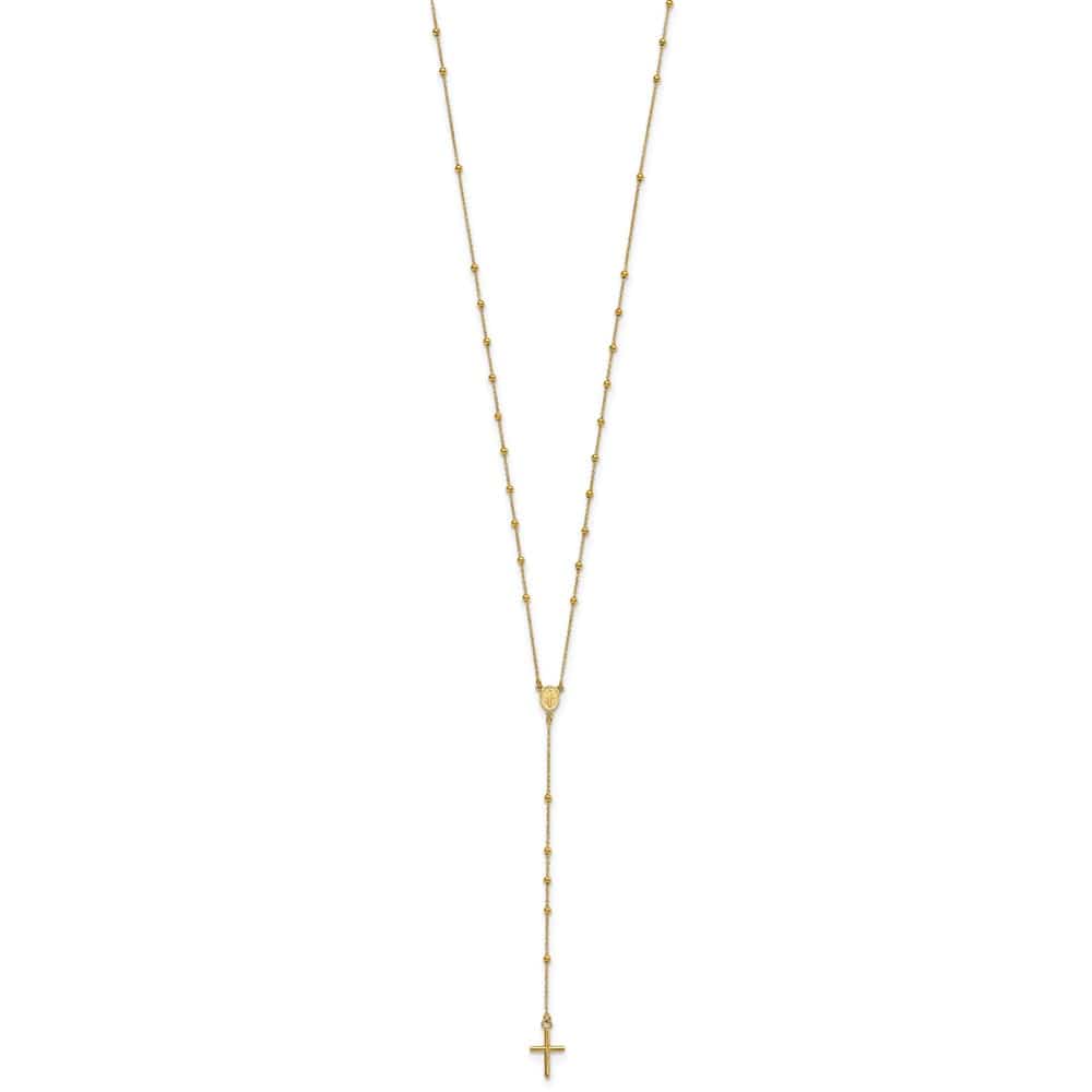 14K Yellow Gold Cross Miraculous Medal Beaded Rosary 24 inch Necklace