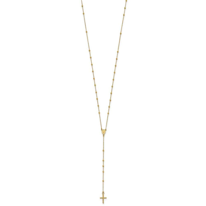 14K Yellow Gold Cross Miraculous Medal Beaded Rosary 24 inch Necklace