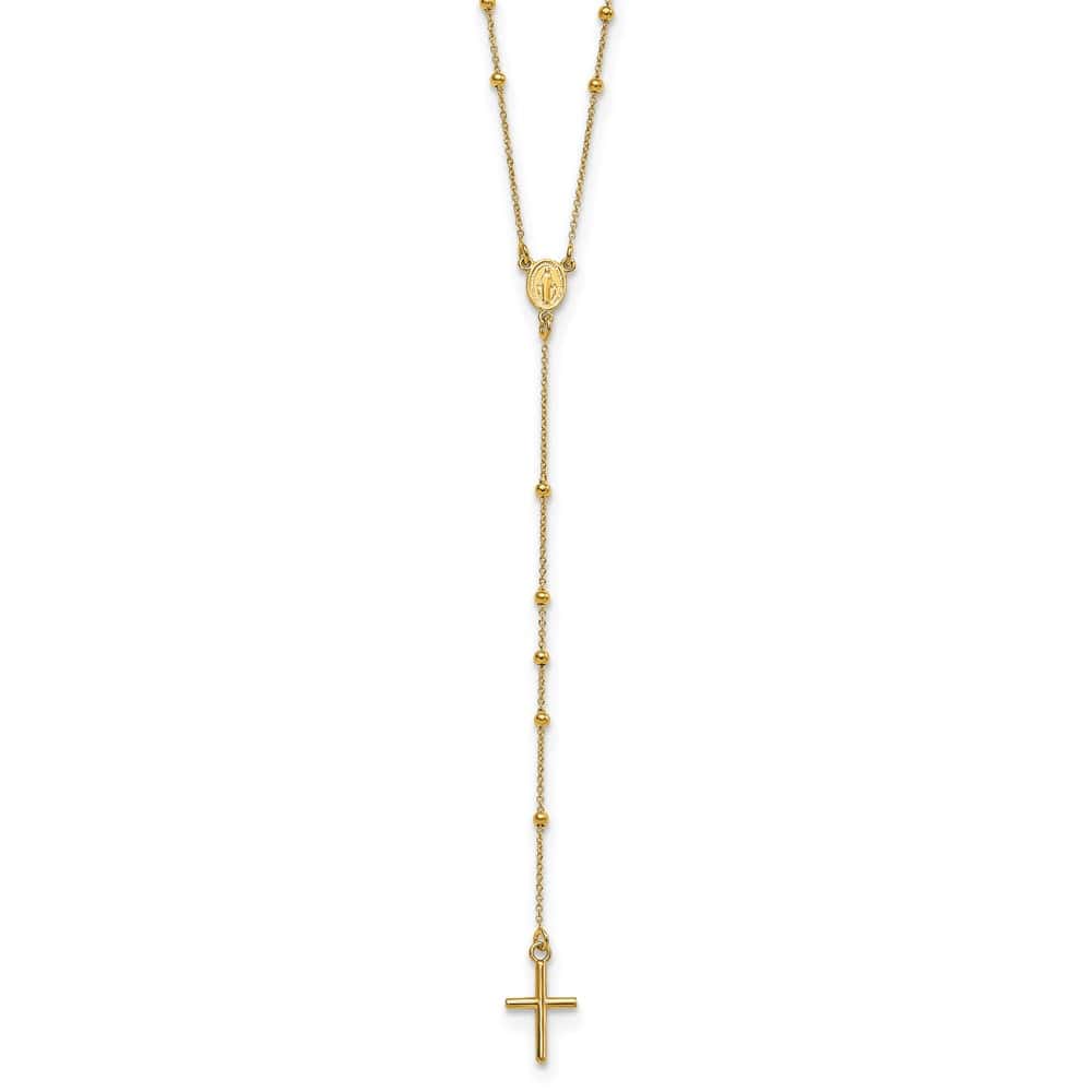 14K Yellow Gold Cross Miraculous Medal Beaded Rosary 24 inch Necklace