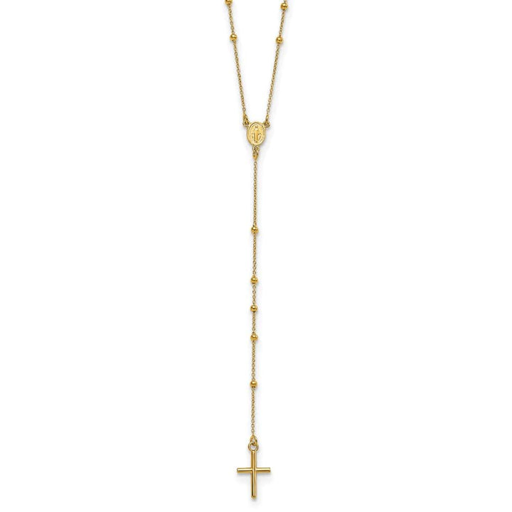 14K Yellow Gold Cross Miraculous Medal Beaded Rosary 24 inch Necklace