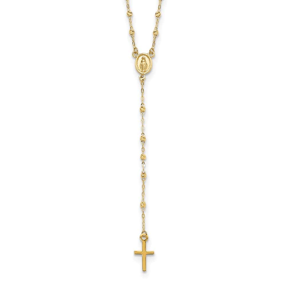 14K Yellow Gold Cross Miraculous Medal Beads Rosary 20 inch Necklace