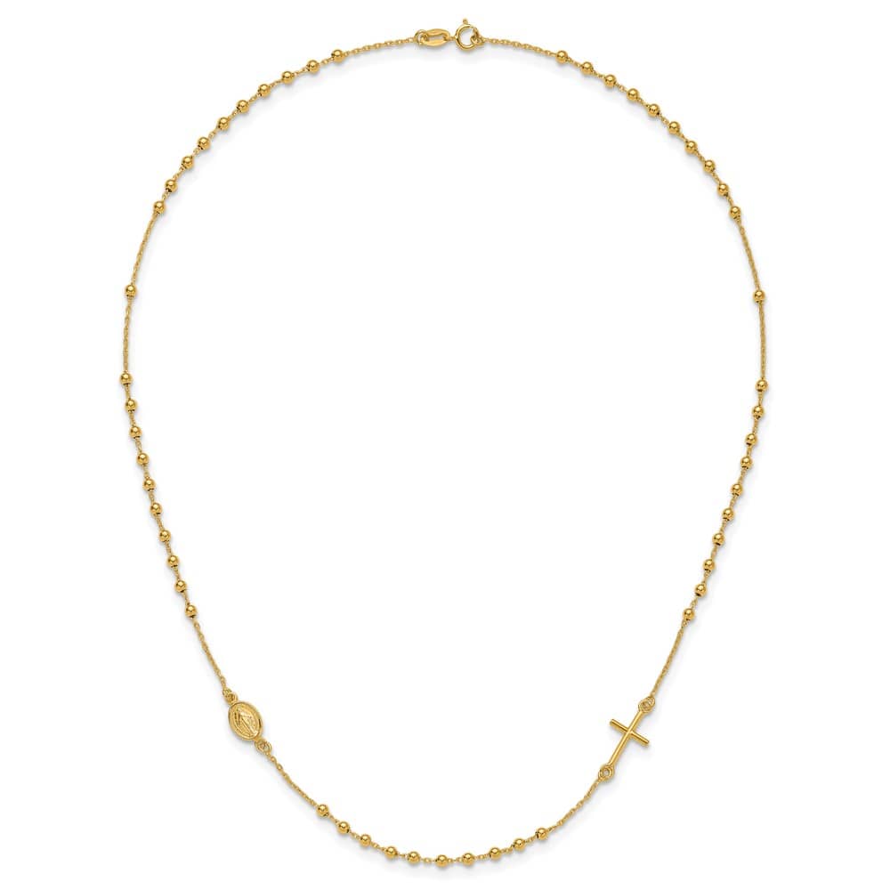 14K Yellow Gold Cross Miraculous Medal Rosary Design 16 inch Necklace