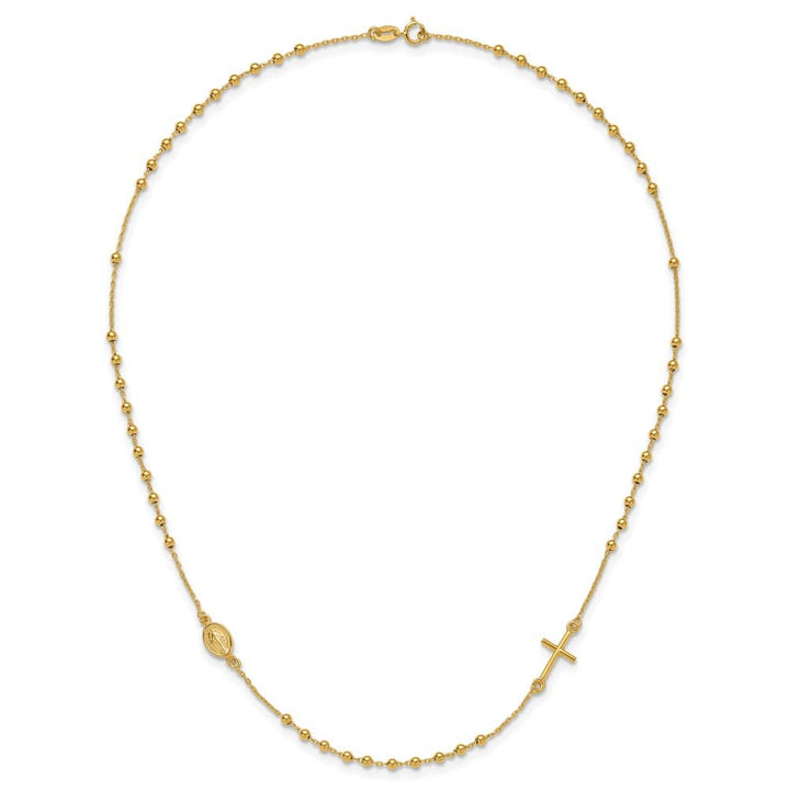 14K Yellow Gold Cross Miraculous Medal Rosary Design 16 inch Necklace
