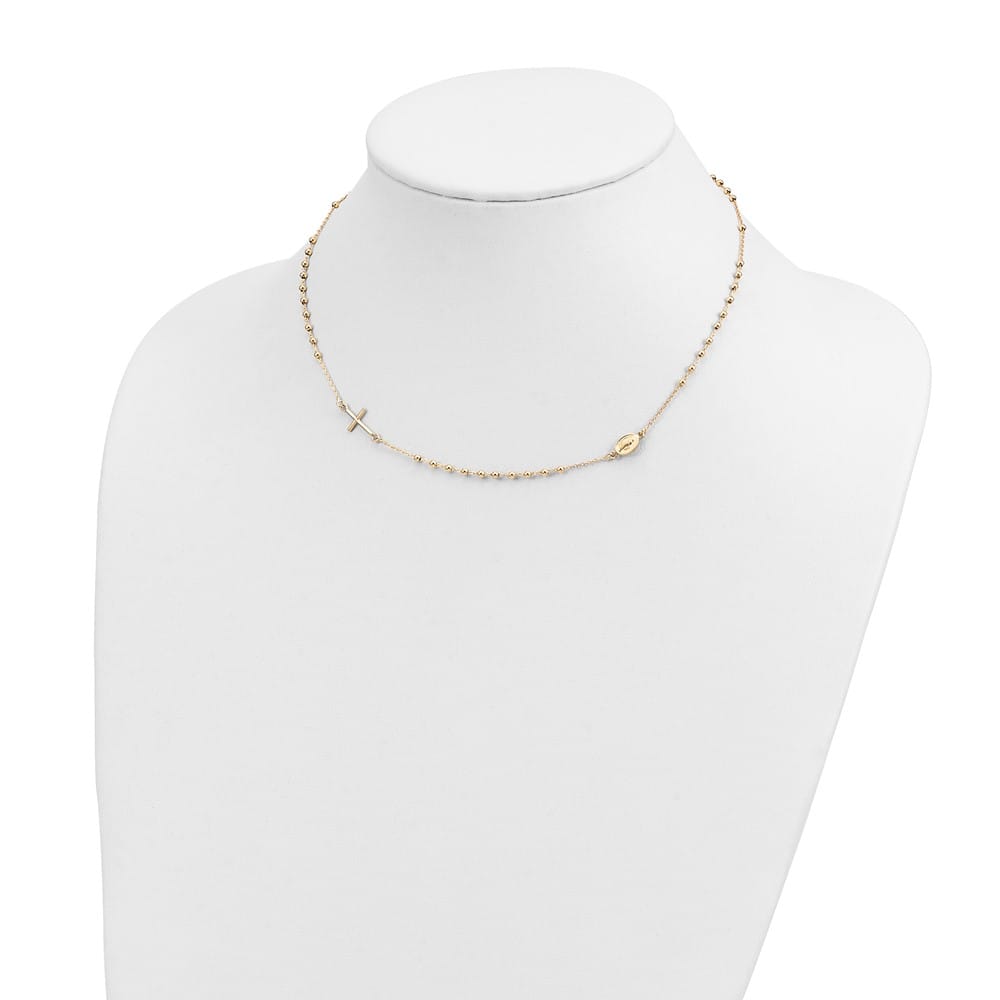 14K Yellow Gold Cross Miraculous Medal Rosary Design 16 inch Necklace