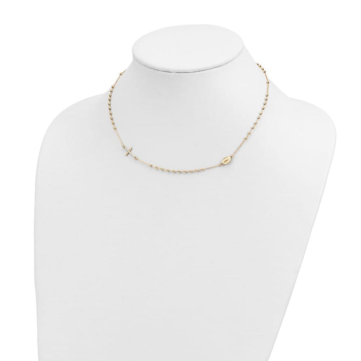 14K Yellow Gold Cross Miraculous Medal Rosary Design 16 inch Necklace