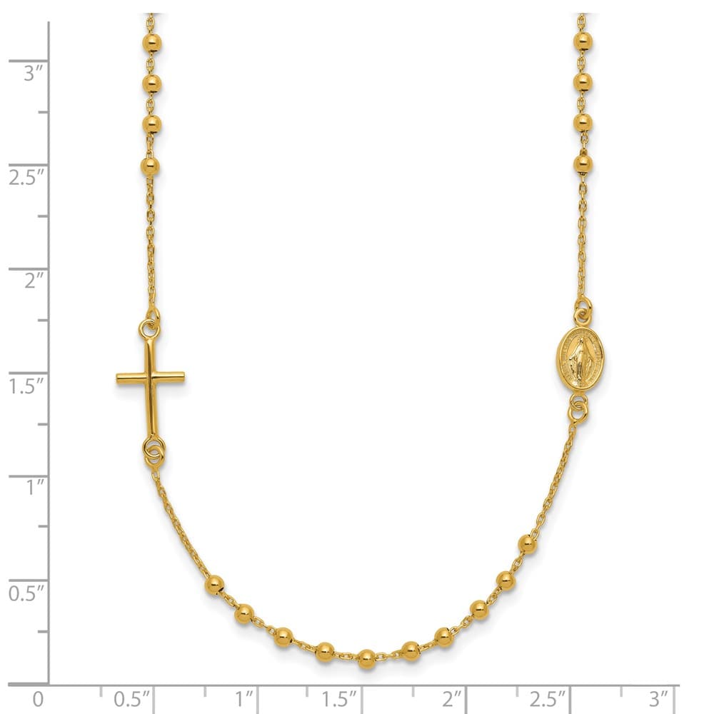 14K Yellow Gold Cross Miraculous Medal Rosary Design 16 inch Necklace