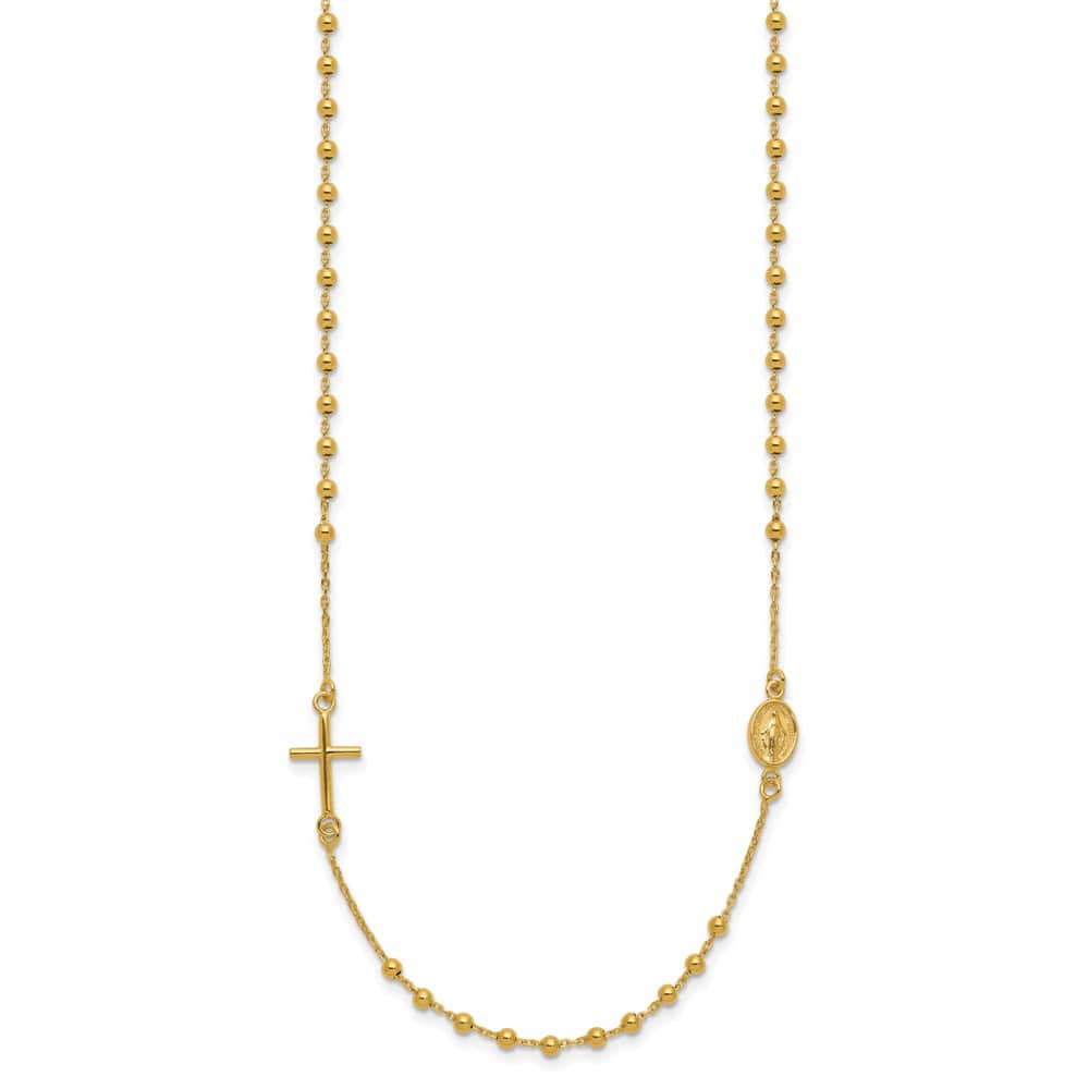14K Yellow Gold Cross Miraculous Medal Rosary Design 16 inch Necklace