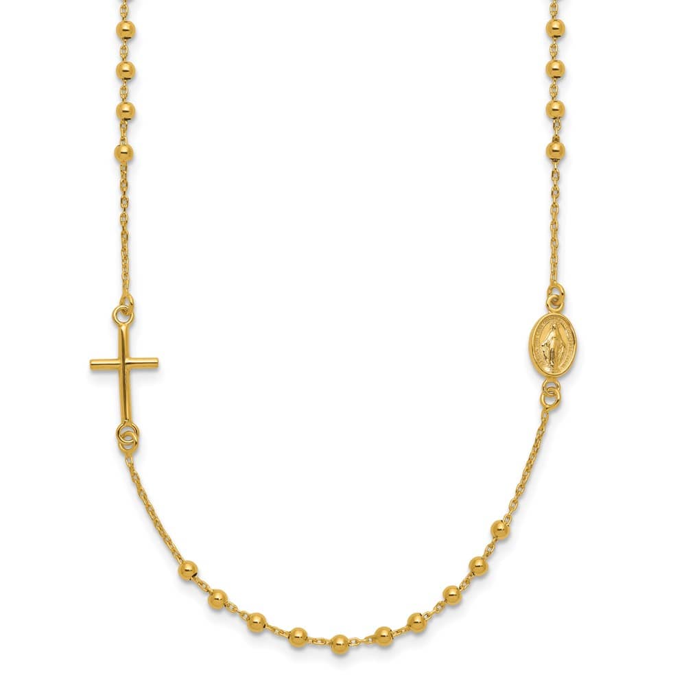 14K Yellow Gold Cross Miraculous Medal Rosary Design 16 inch Necklace