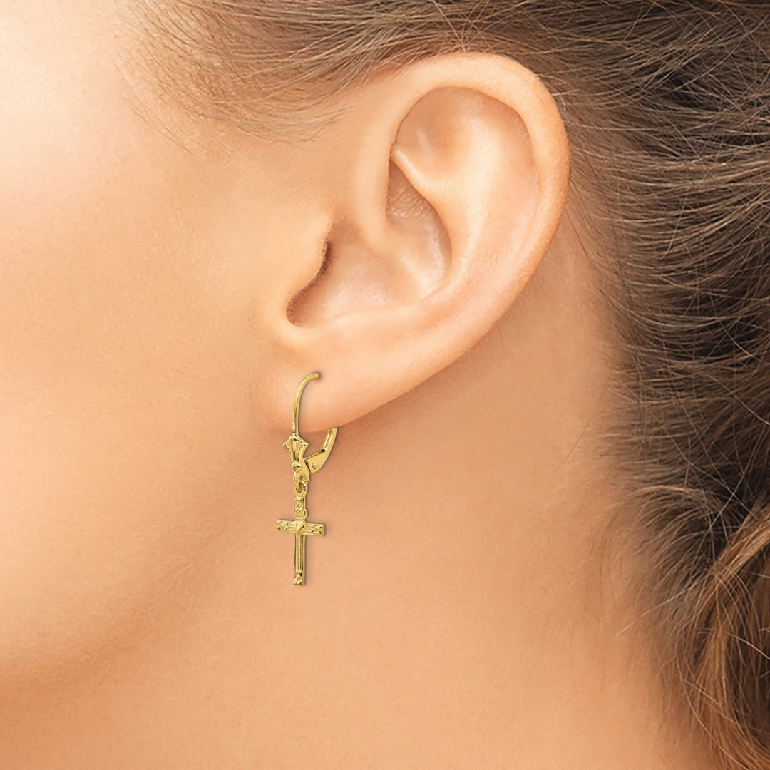 14K Yellow Gold Cross with Heart Dangle Leverback Earrings