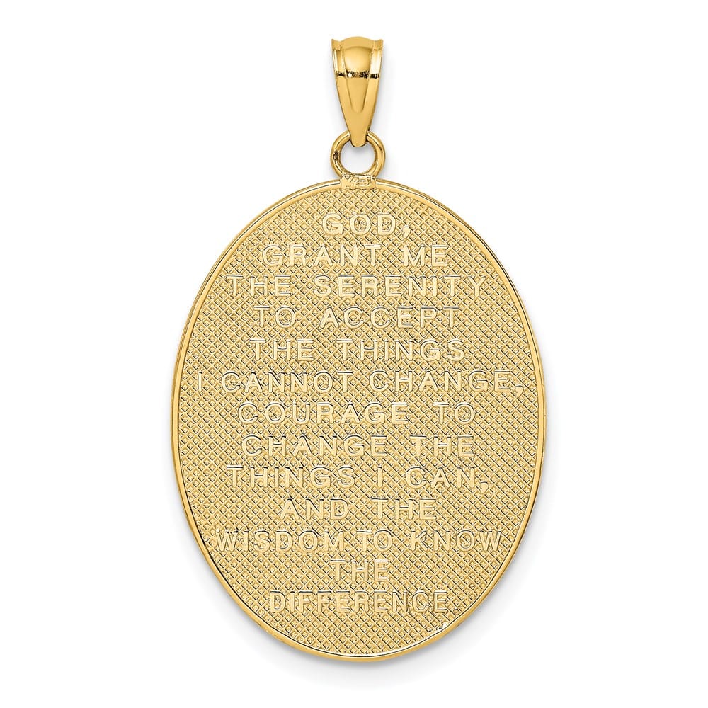 14K Yellow Gold Cross with Serenity Prayer on Back Oval Disc Charm