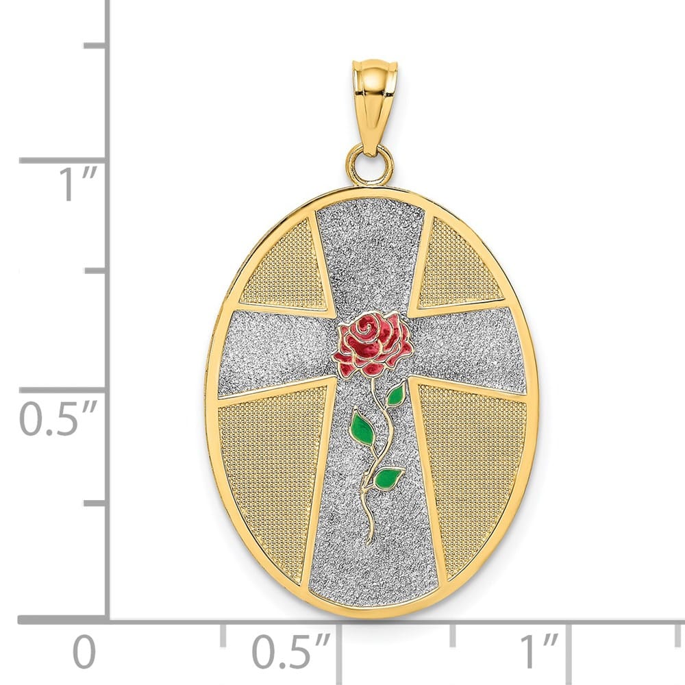 14K Yellow Gold Cross with Serenity Prayer on Back Oval Disc Charm