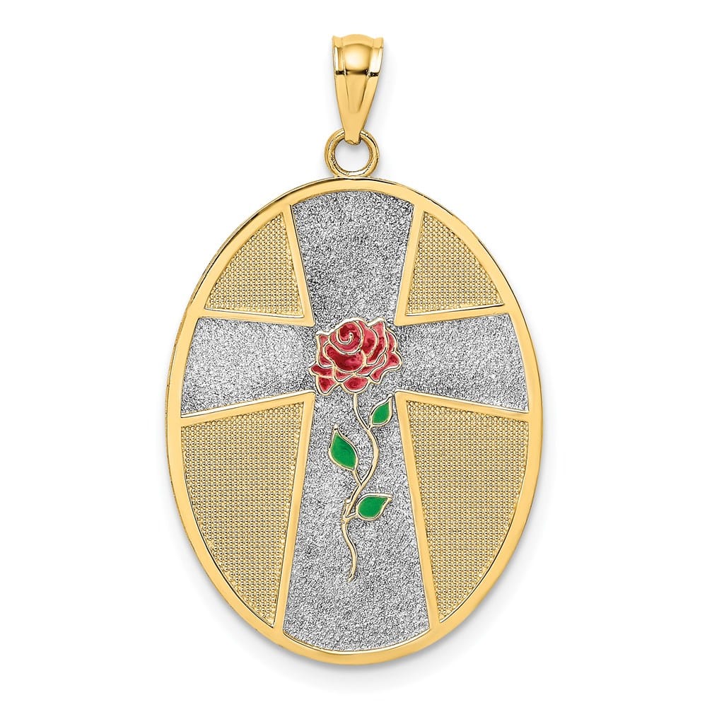 14K Yellow Gold Cross with Serenity Prayer on Back Oval Disc Charm