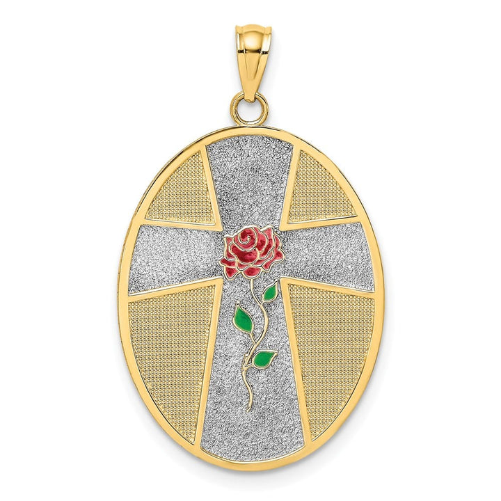 14K Yellow Gold Cross with Serenity Prayer on Back Oval Disc Charm