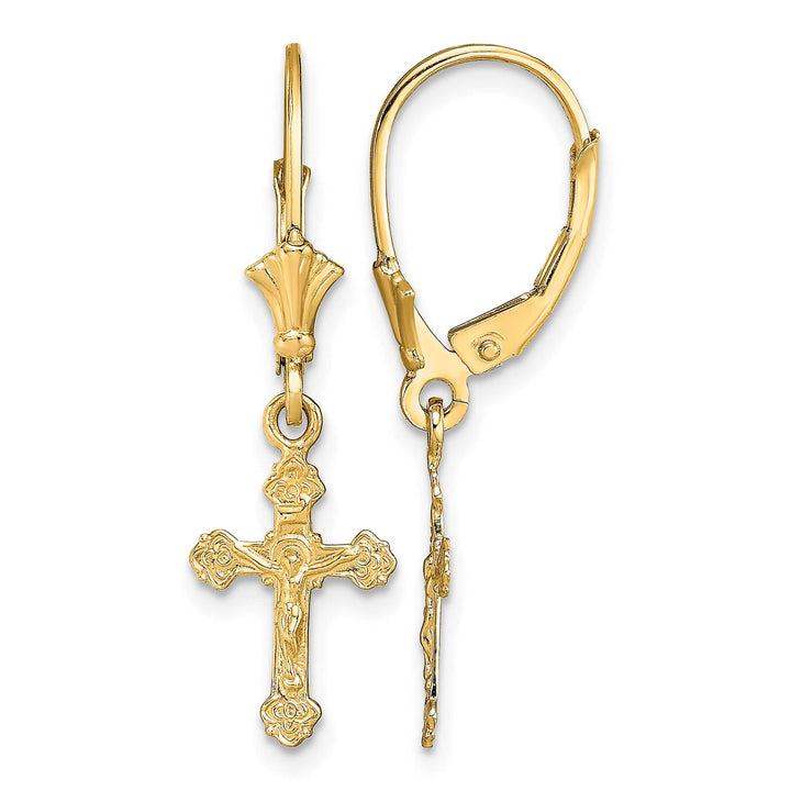14K Yellow Gold Crucifix Dangle Leverback Earrings