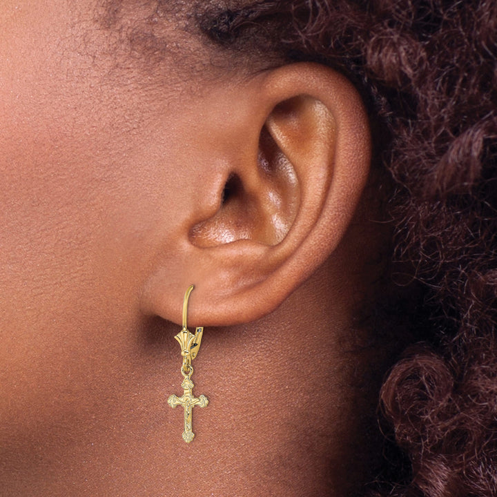 14K Yellow Gold Crucifix Dangle Leverback Earrings