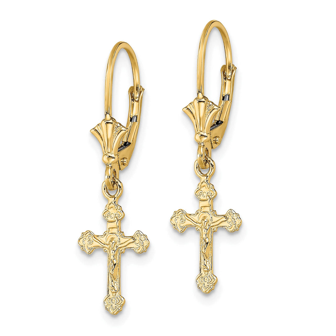 14K Yellow Gold Crucifix Dangle Leverback Earrings