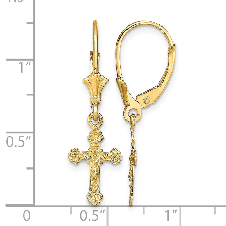 14K Yellow Gold Crucifix Dangle Leverback Earrings