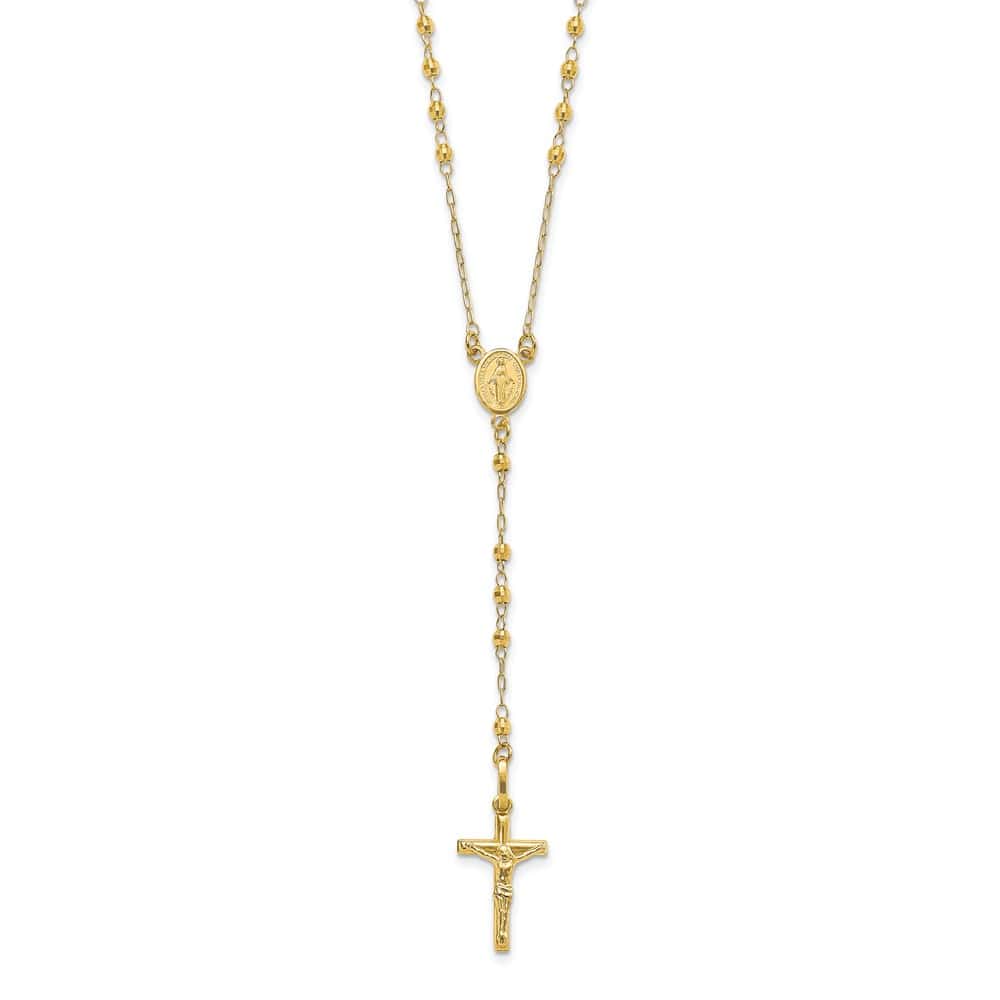 14K Yellow Gold Crucifix Miraculous Medal Rosary 24 inch Necklace