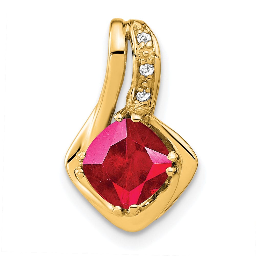 14K Yellow Gold Cushion Lab Created Ruby and Diamond Chain Slide