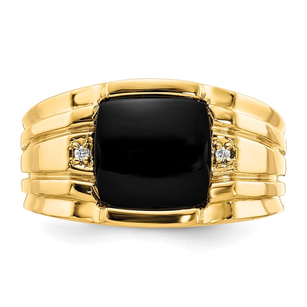 14k Yellow Gold Cushion Onyx and I1 Diamond Men's Ring