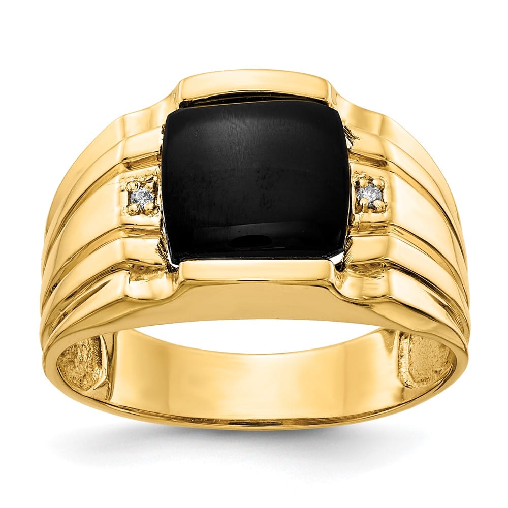 14k Yellow Gold Cushion Onyx and I1 Diamond Men's Ring