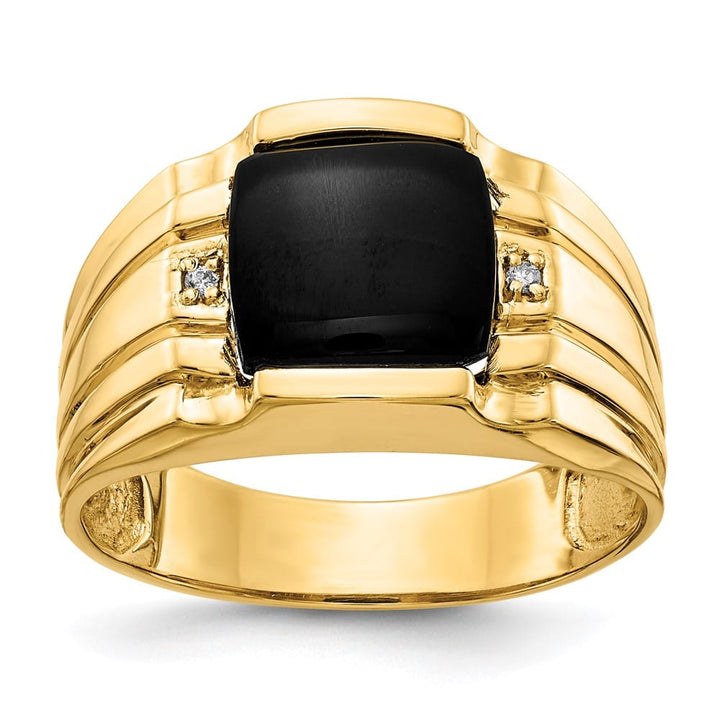 14k Yellow Gold Cushion Onyx and I1 Diamond Men's Ring