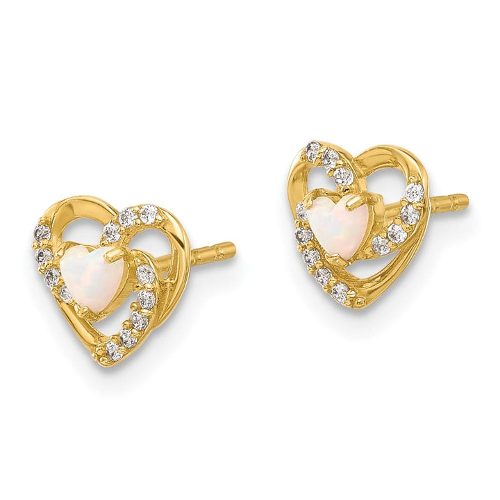 14K Yellow Gold CZ and Lab Created Opal Heart Post Earrings, view 2 of 4