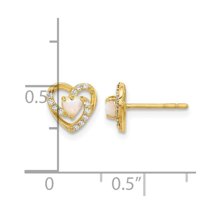 14K Yellow Gold CZ and Lab Created Opal Heart Post Earrings, view 4 of 4