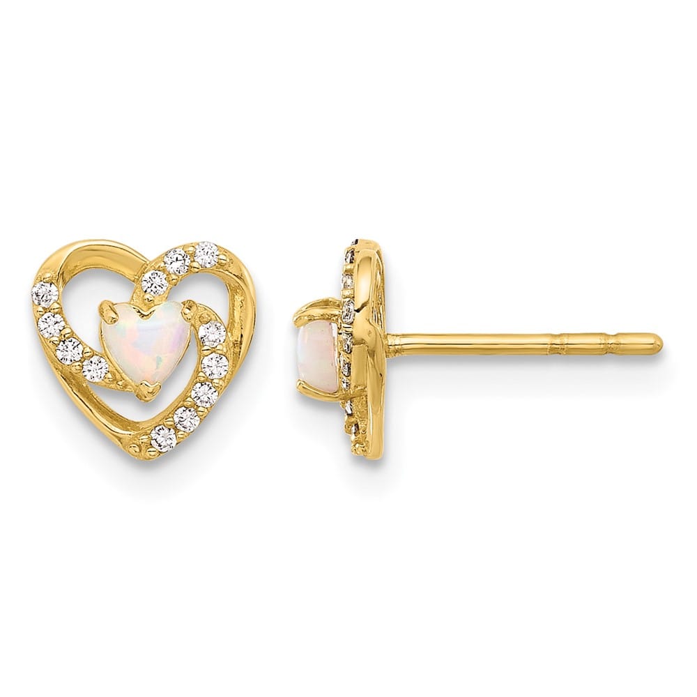 14K Yellow Gold CZ and Lab Created Opal Heart Post Earrings, view 1 of 4