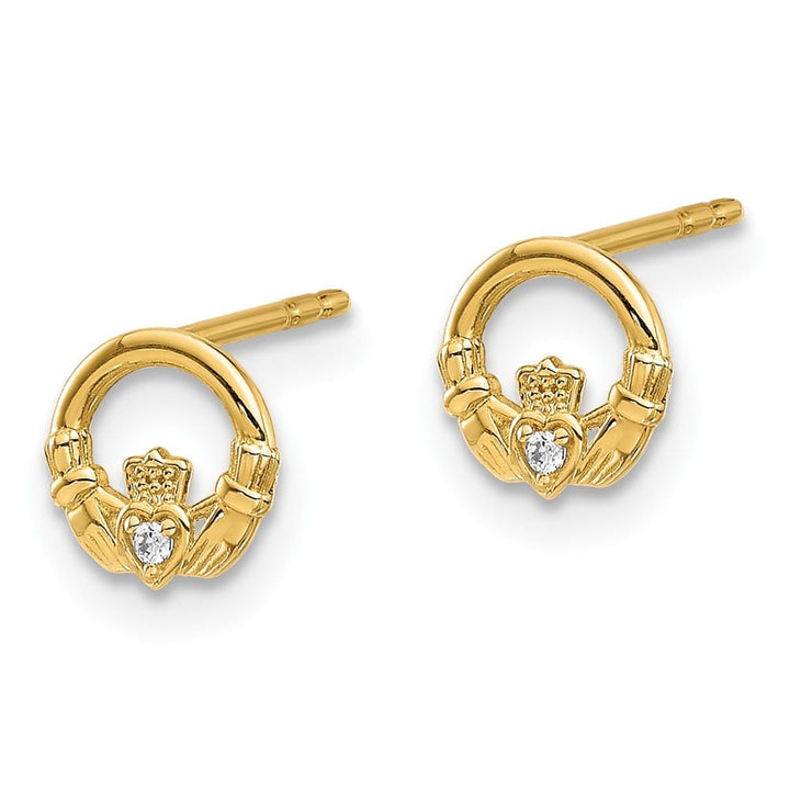 14K Yellow Gold CZ Claddagh Post Earrings, view 2 of 4
