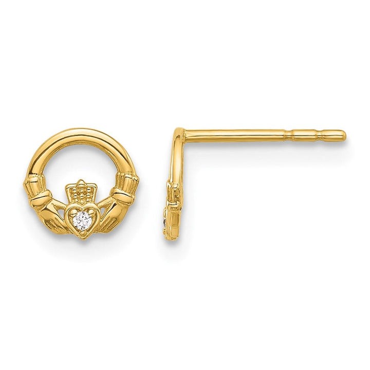 14K Yellow Gold CZ Claddagh Post Earrings, view 1 of 4