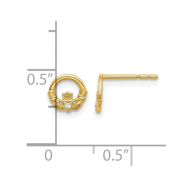 14K Yellow Gold CZ Claddagh Post Earrings, view 4 of 4