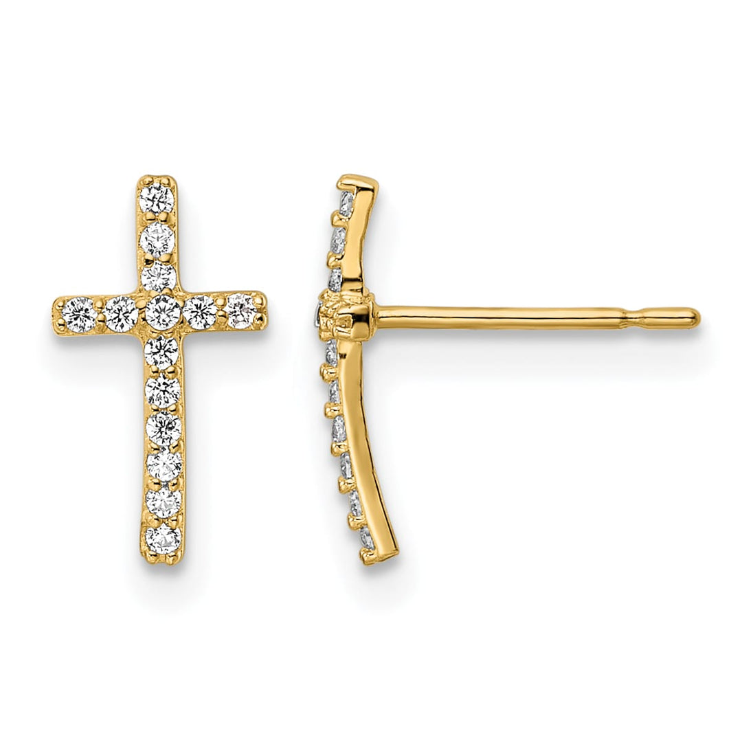 14K Yellow Gold CZ Cross Post Earrings