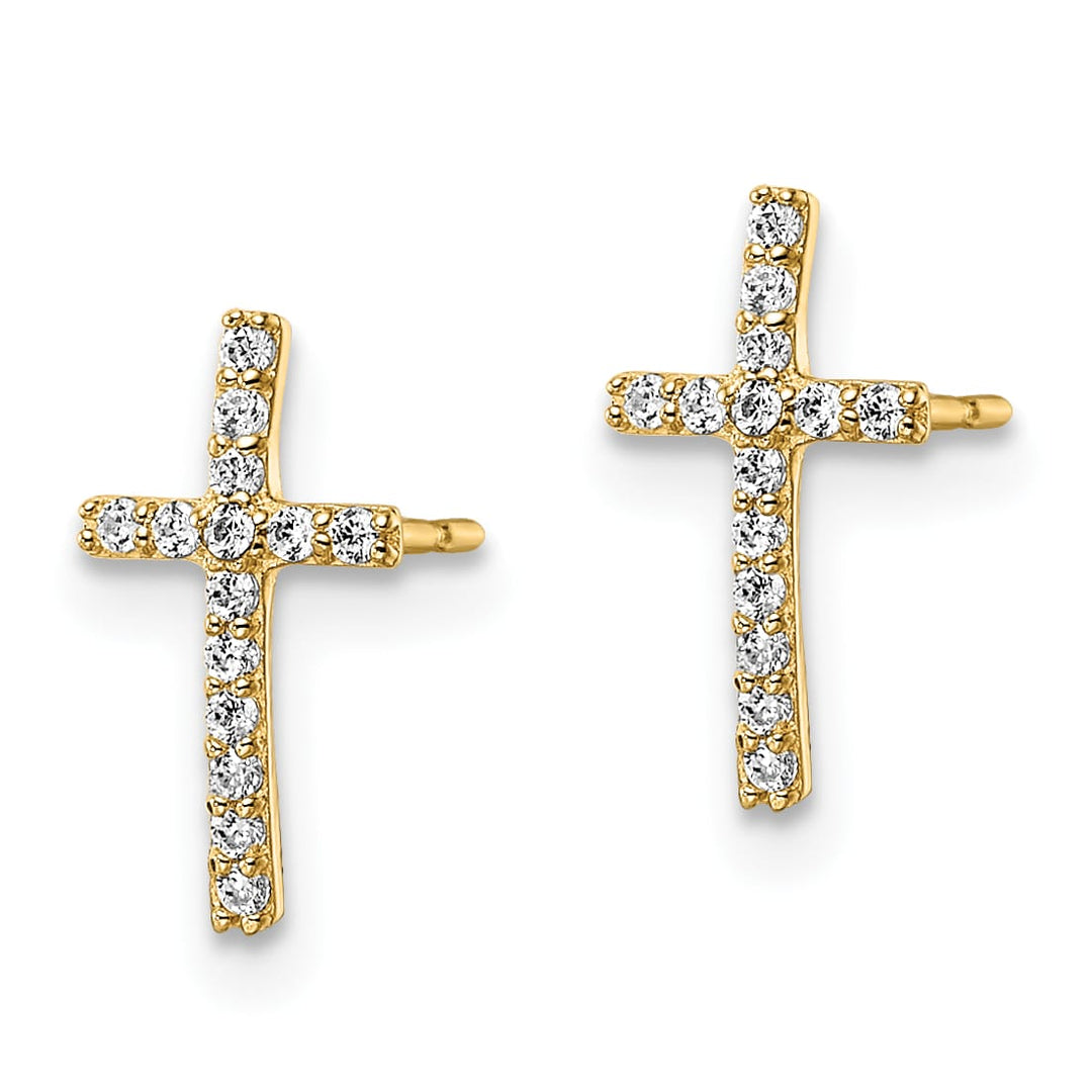 14K Yellow Gold CZ Cross Post Earrings