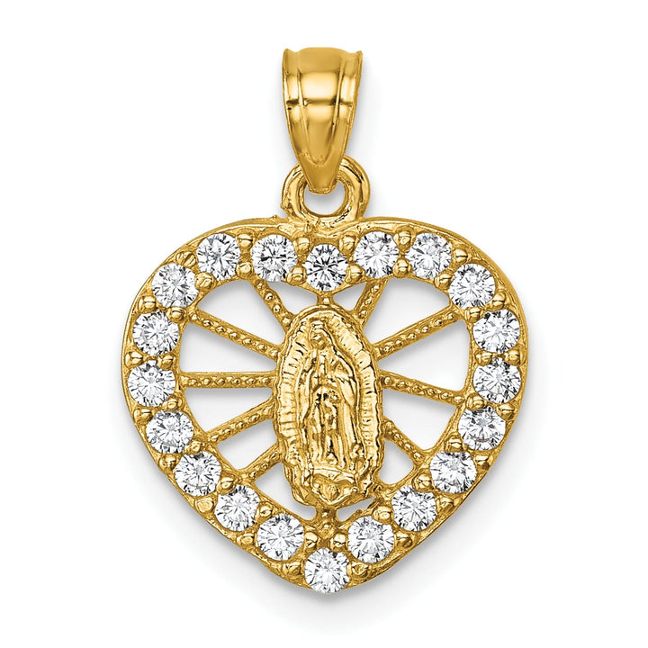 14K Yellow Gold CZ Heart Pierced Design Our Lady of Guadalupe Pendant