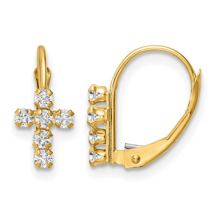 14K Yellow Gold CZ Polished Leverback Cross Earrings
