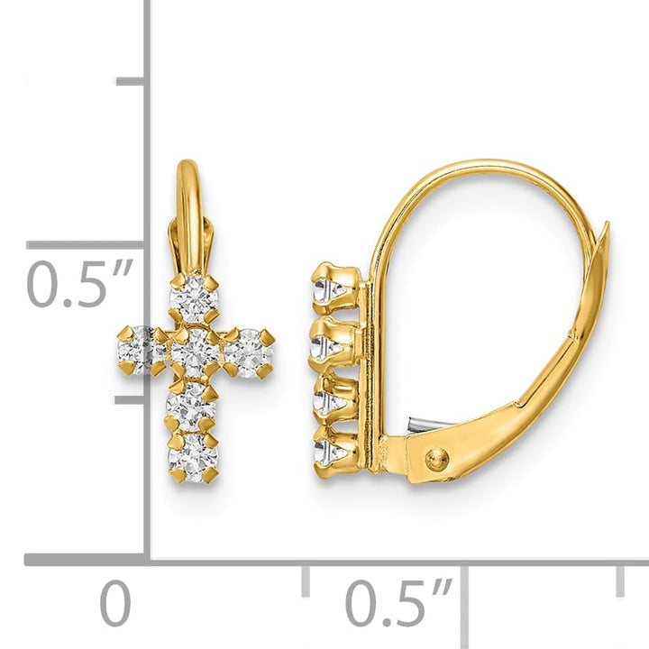 14K Yellow Gold CZ Polished Leverback Cross Earrings