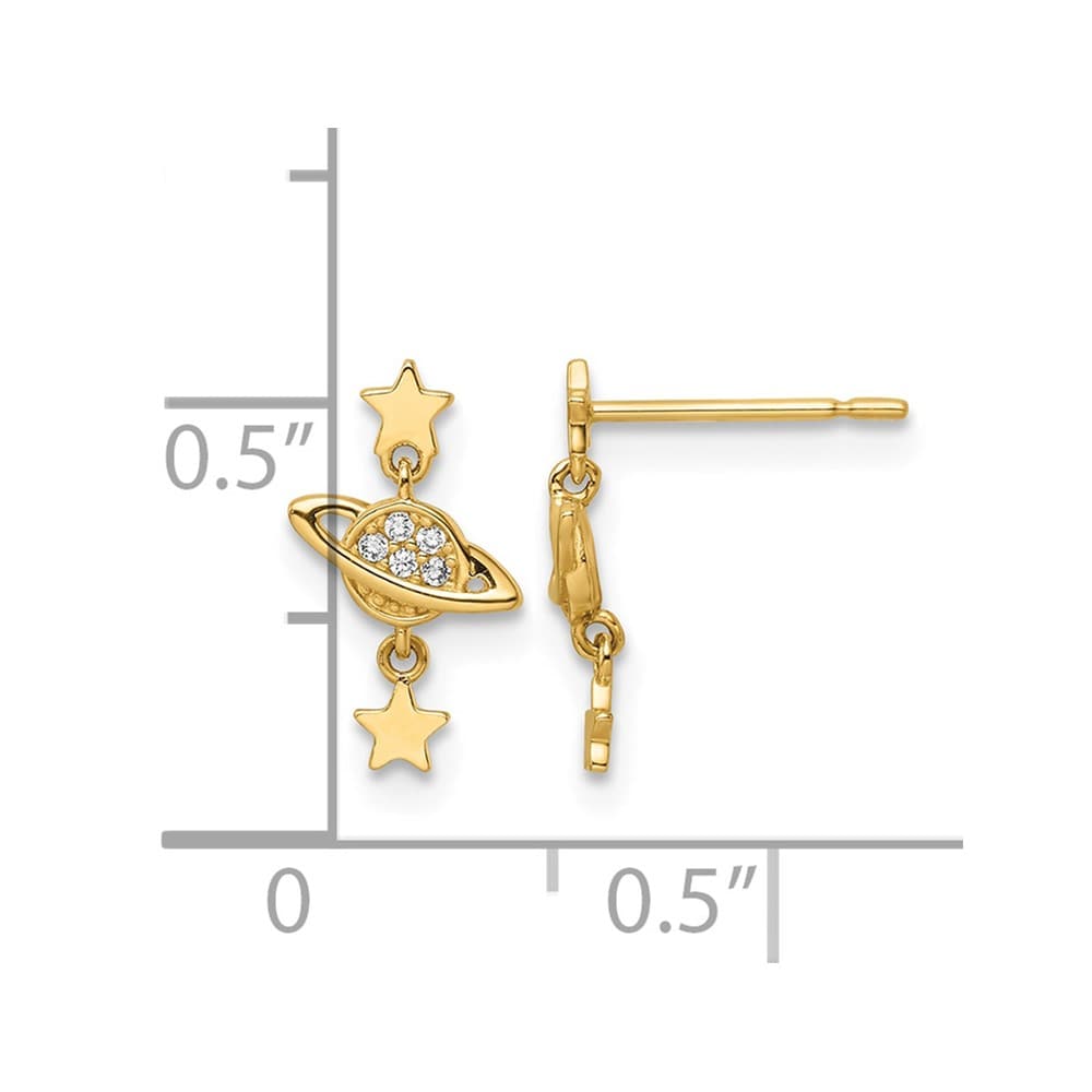 14K Yellow Gold CZ Saturn and Stars Dangle Post Earrings, view 4 of 4