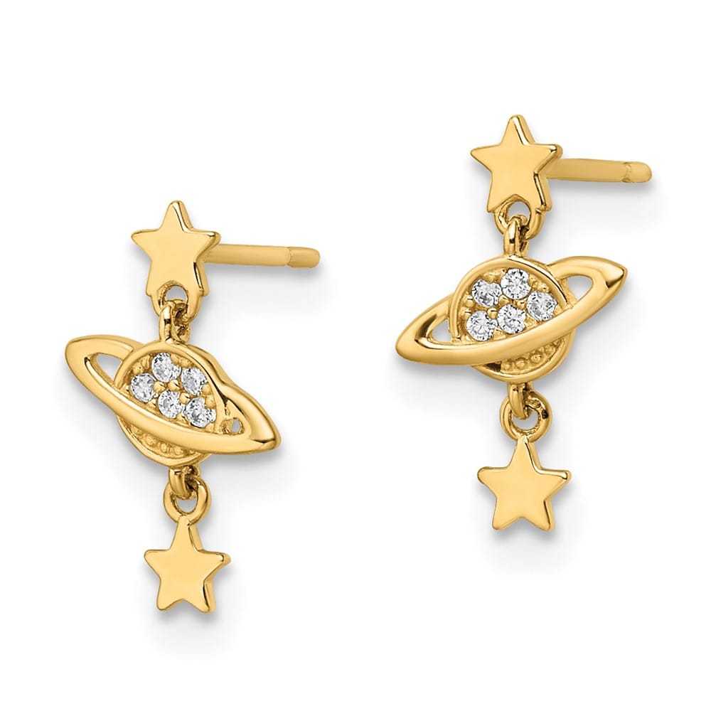 14K Yellow Gold CZ Saturn and Stars Dangle Post Earrings, view 2 of 4