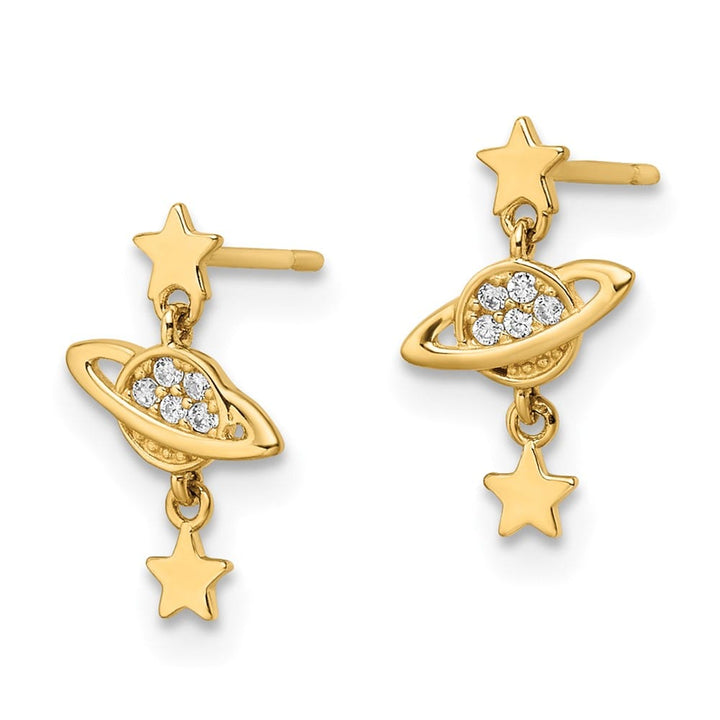14K Yellow Gold CZ Saturn and Stars Dangle Post Earrings, view 2 of 4
