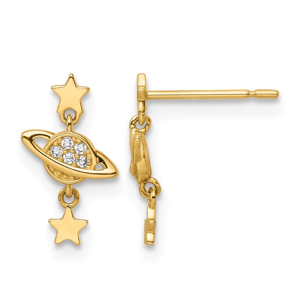 14K Yellow Gold CZ Saturn and Stars Dangle Post Earrings, view 1 of 4